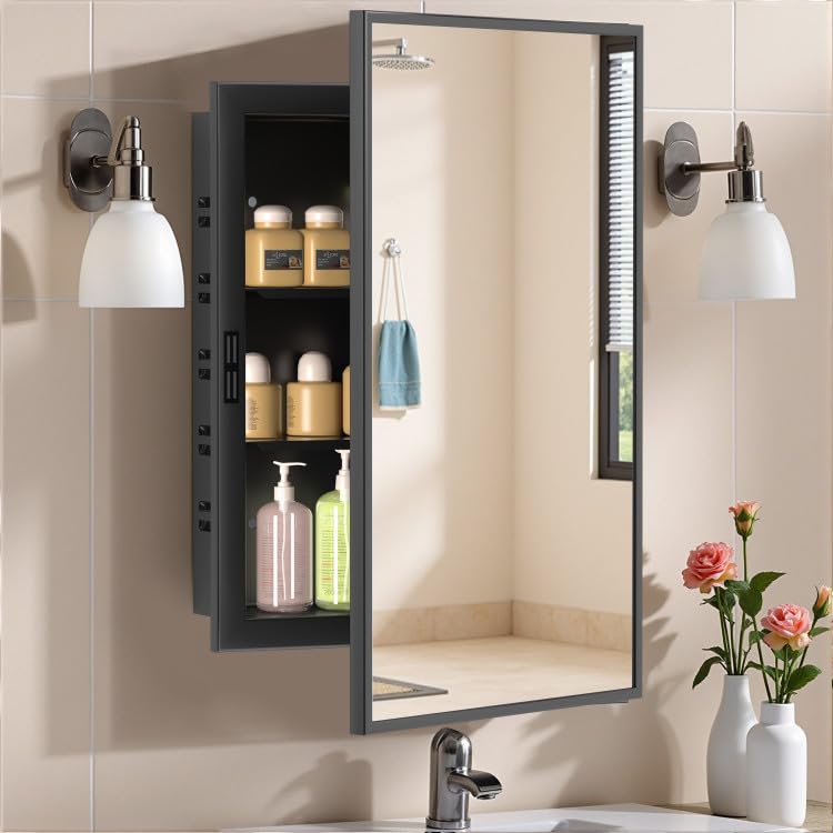 NLShan Medicine Cabinet Mirror for Bathroom: Recessed Vanity Bathroom Cabinet with Mirror Door...