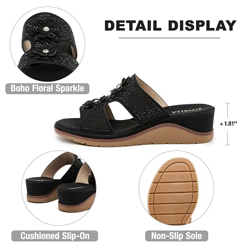 Image of Rhinestone Wedge Sandals for Women, Slip On Open Toe Double Strap Platform
