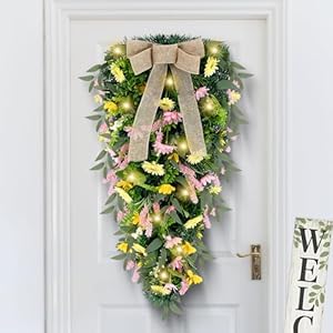 1 Pcs 36 Inch Spring Floral Teardrop Swag for Front Door Artificial Large Easter Teardrop Wreath with Burlap Bow and Lights Decorations Summer Daisy Flower Lavender Swags for Wall Wedding