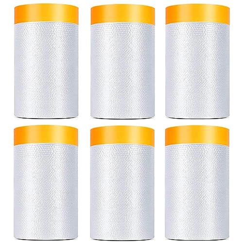 Image of 6 Pack Tape and Drape, 1.8x65.6 Ft Pre-Taped Masking Film for Auto Painting Covering, Plastic Pre-Adhesived Dust Paint Protective Drop Film for Furniture, Car, Floor