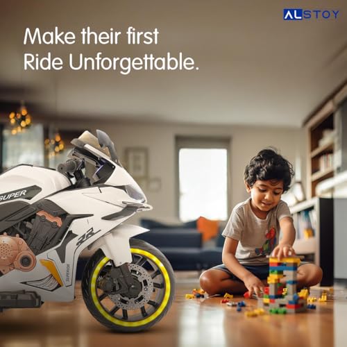 Image of Alstoy RR Kids Electric Ride-On Toy Bike | 12V Rechargeable Battery Operated for Kids | Bluetooth Music | 70kg Capacity | BIS /ISI Approved | Ages 5to12 Years | 6-Month Warranty | Large | Orange+White