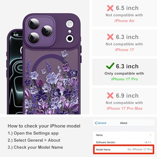 Image of Magnetic for iPhone 17 Pro Case [Compatible with MagSafe] Pretty Oil Painting Floral Flower Pattern Design, Shockproof Slim Translucent Matte Cover for Women Girls, Dark Purple