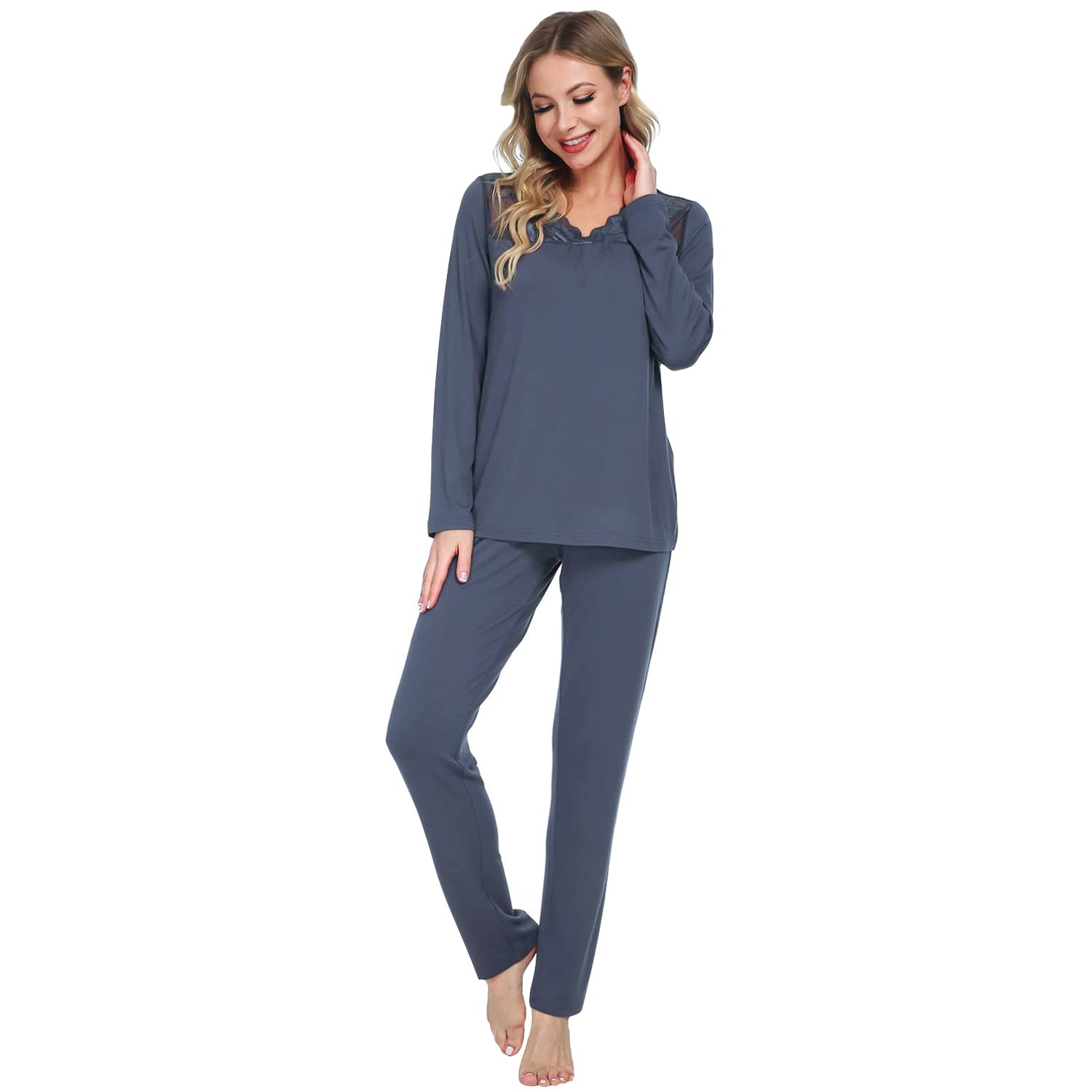 Mnemo Schlafanzug für Damen Weich Gestricktes Pyjama Set mit V-Ausschnitt und Exquisitem Gewelltem Saum 2 Stück Slim Fit Frauen Gemütliche Nachtwäsche