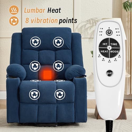 Image of Power Lift Recliner Chair for Elderly Adults with Massage and Heat, Fabric Electric Recliner Sofa with Side Pocket, Two Cup Holders for Living Room L9912 (Navy Blue)