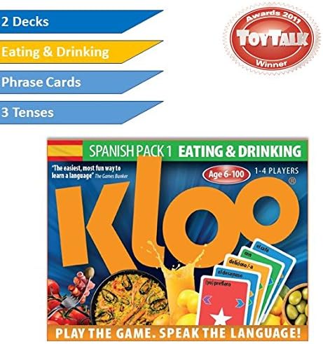 KLOO Learn Spanish Card Game | 'Food & Drink' Vocabulary | Fun for Family Kids Adults School | Speak 100's Words in a Flash | Thousands of Sentences | Juegos de Cartas en Español | 1–4 Players