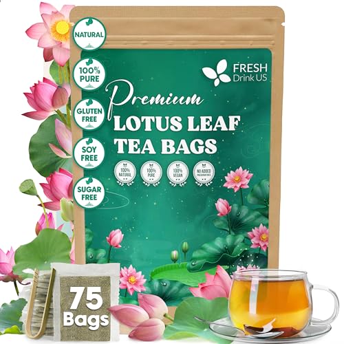 Image of FreshDrinkUS, Premium 75 Lotus Leaf Tea Bags, 100% Natural & Pure from Lotus Leaves. Loose Leaf Lotus Herbal Tea. Made with Eco-Conscious Tea Bags. No Sugar, No Caffeine, No Gluten, Vegan.