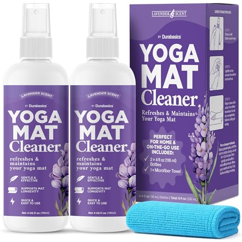 Durabasics Yoga Mat Cleaner Spray – Lavender Scent – 2 Pack (4 oz Each) with Microfiber Towel – Mat Spray Cleaner for Sweat & Odor – Quick-Dry, No Rinse Formula for Gear & Gym Equipment