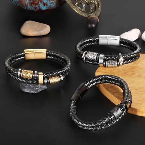 Viking Leather Bracelet For Men Balck Cool Handmade Stackable Jewelry, Faith and Courage Bangle Bracelets4