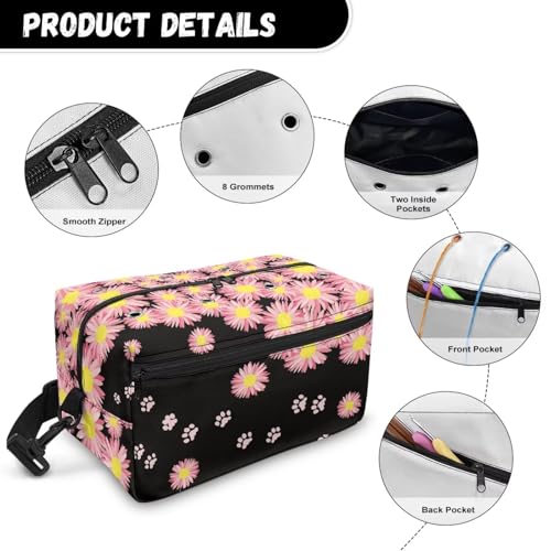 Image of Drnuikhe Pink Daisy Flower Crochet Bag Knitting Bag with Shoulder Straps Traveling Crochet Bags Yarn Bag for Carrying Crochet Hooks, Knitting Kit, Skein Yarn Wool, Project