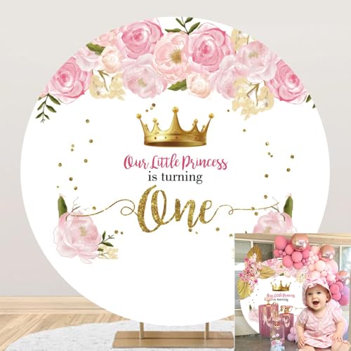 OERJU Pink Floral Happy 1st Birthday Round Backdrop for Girl Our Little Princess Is Turning One - Girls First Birthday Party Decoration Circle Cover 7.2x7.2ft