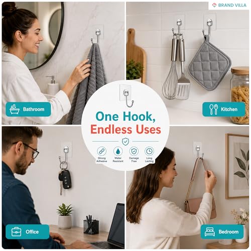 Image of BRAND VILLA Self Adhesive Wall Hooks Pack of 30 Heavy Duty Strong Sticky Waterproof No Drill Wall Hook for Bathroom Kitchen Home Keys Towels Utensils Transparent Utility Hooks