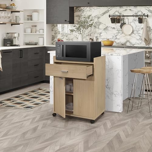 Kings Brand Furniture Kitchen Cart on Wheels, Rolling Microwave Stand with Drawer and 2 Doors, Storage Cabinet for Kitchen or Dining Room, Beech