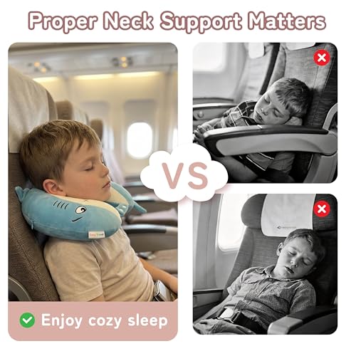 Image of Kids Travel Neck Pillow for Ages 3-8, Memory Foam, Removable Cover, Shark