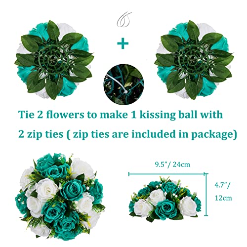 BLOSMON Flower Centerpieces for Tables Wedding 2 Pcs Teal & White Fake Flowers Rose Arrangement Bouquet Floral Centerpiece Balls Artificial Wedding Center Pieces of Valentines Day Home Decor - Image 4