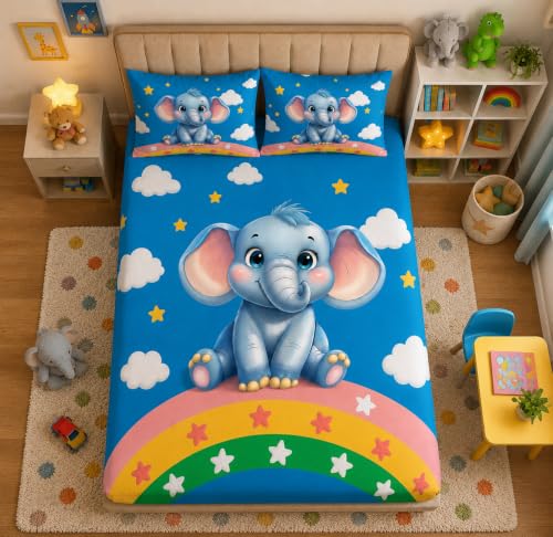 Image of DECORUM Premium Digital Printed Kids BEDSHEET (90 X 100) Inch with 2 King Size Pillow Covers - HIGH-Definition Design & Superior Comfort (Heavy Quality) BEDSHEET Rainbow Elephant Dream