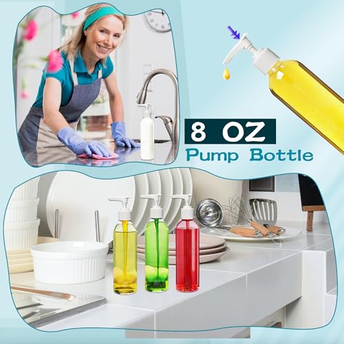 52 Pcs Empty Plastic Pump Bottle 8 oz/ 250 ml Clear Lotion Pump Dispenser Refillable Shampoo Containers Bulk with Travel Lock for Body Wash Liquid Soap Massage Oil Face Cream Conditioner3
