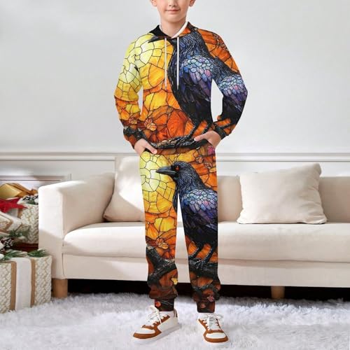 Boys Girls Sweatshirt Pullover Hoodie & Pants Kid Active Sweatsuit Tracksuit, Mysterious Crow Stained Glass Art3