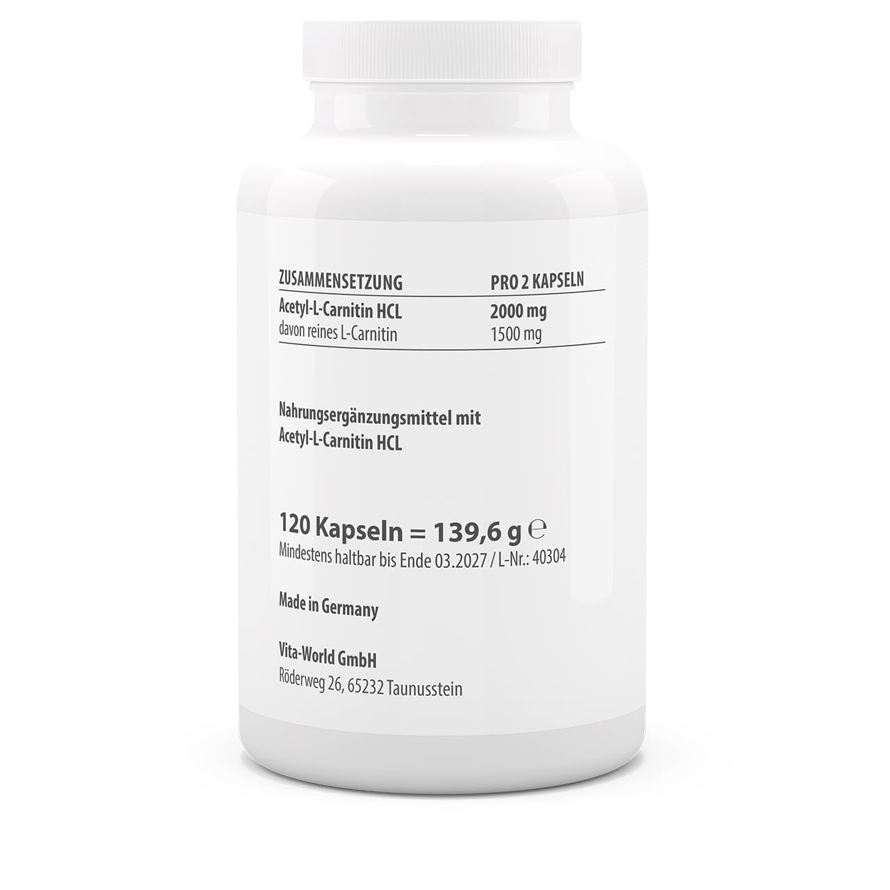 vitaworld Acetyl-L-Carnitin HCL, hochdosiert 1500mg reines L-Carnitin pro Tagesverzehrmenge, vegan, hohe Bioverfügbarkeit, 120 Kapseln