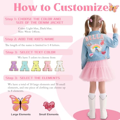 Personalized Kids Patch Denim Jacket with Names, Custom Long Sleeve Jean Jacket, Back to School Brithday Easter Gifts for Toddlers, 1-8 Years Old Girls Clothes, Girls Spring Outfits3
