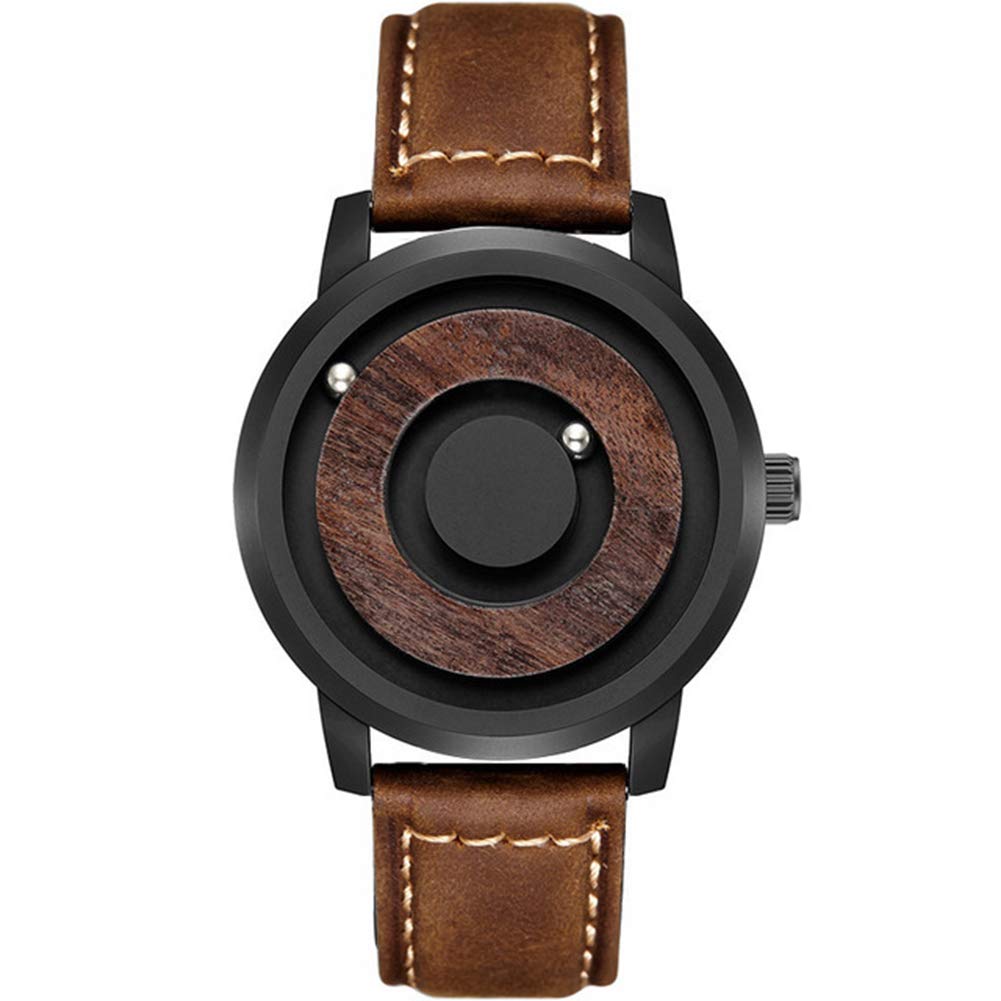 CETLFMNew Wooden Dial Simple Magnetic Steel Ball Fashion Concept Watch Parallel Steel Ball Holder Men's Watch Casual Quartz Watch,Brown