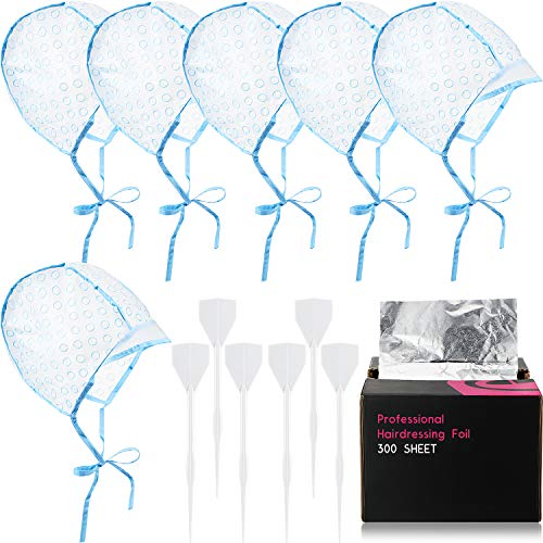 Hair Color Kit Include 6 Pieces Hair Highlight Cap 6 Pieces Metal Highlighting Hair Crochet Hooks and 300 Sheets Hair Aluminum Foil for Salon DIY Hair Highlighting Coloring Supplies