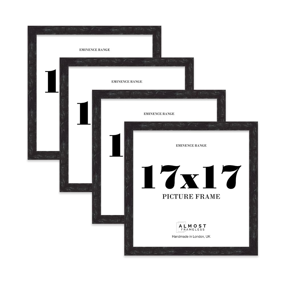 17x17 Distressed Black Picture Frame - Rustic Wood Industrial Effect Photo Frame for Wall Display, Ideal for Posters, Prints & Home Décor, Wall Hooks, 32mm Edge - 4 Pack