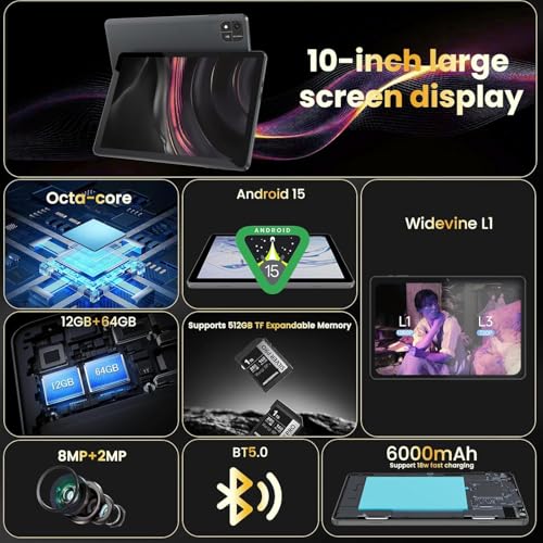 Image of Android 15 Tablet,10 inch Tablets, Octa Core CPU, 12GB+64GB+512GB Expansion, 1280x800 Display Screen, Wi-Fi6, Dual Camera, 6000mAh Battery Tablet PC,Widevine L1 Google Kids Space