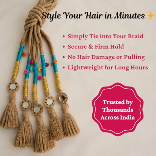 Image of Zippy Flora Handmade Boho Parandi / Paranda Traditional Hair Accessory for Women & Girls | Ethnic Braided Hair Tassels, Choti Hair Extension, Decorative Braid Jewelry for Festive & Wedding Hairstyles (Neelima Dark Beige)