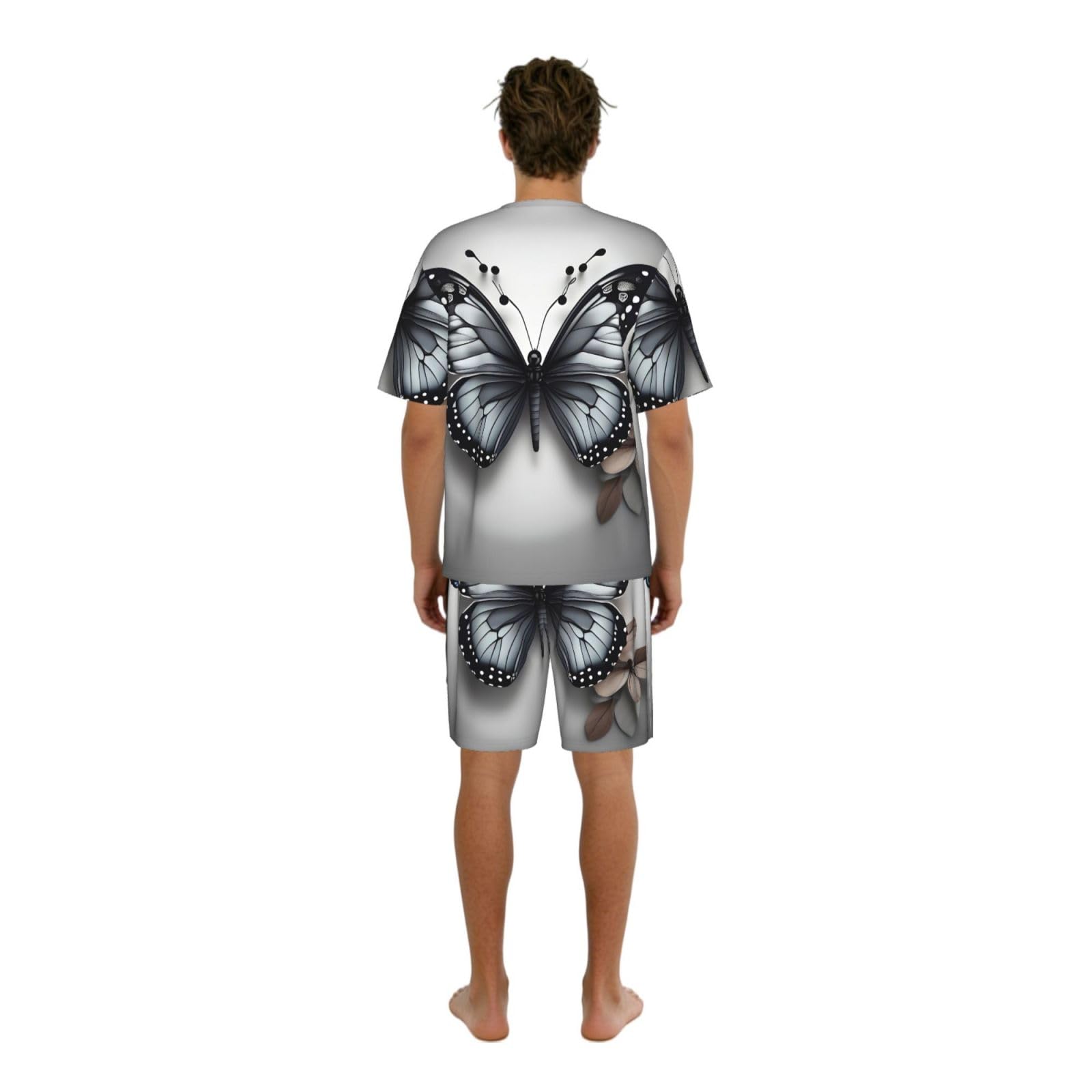 Conjunto de pijama clásico para hombre con estampado de mariposas y flores grises, pantalones cortos de pijama suaves para hombre, perfecto para las noches de verano
