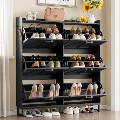 Image of BORNOON Shoe Cabinet with 6 Flip Drawers Narrow Shoe Storage Cabinet Organizer Wooden Freestanding Shoe Rack Hidden Slim Shoes Storage Cabinet for Entryway, Hallway, Living Room, Bedroom