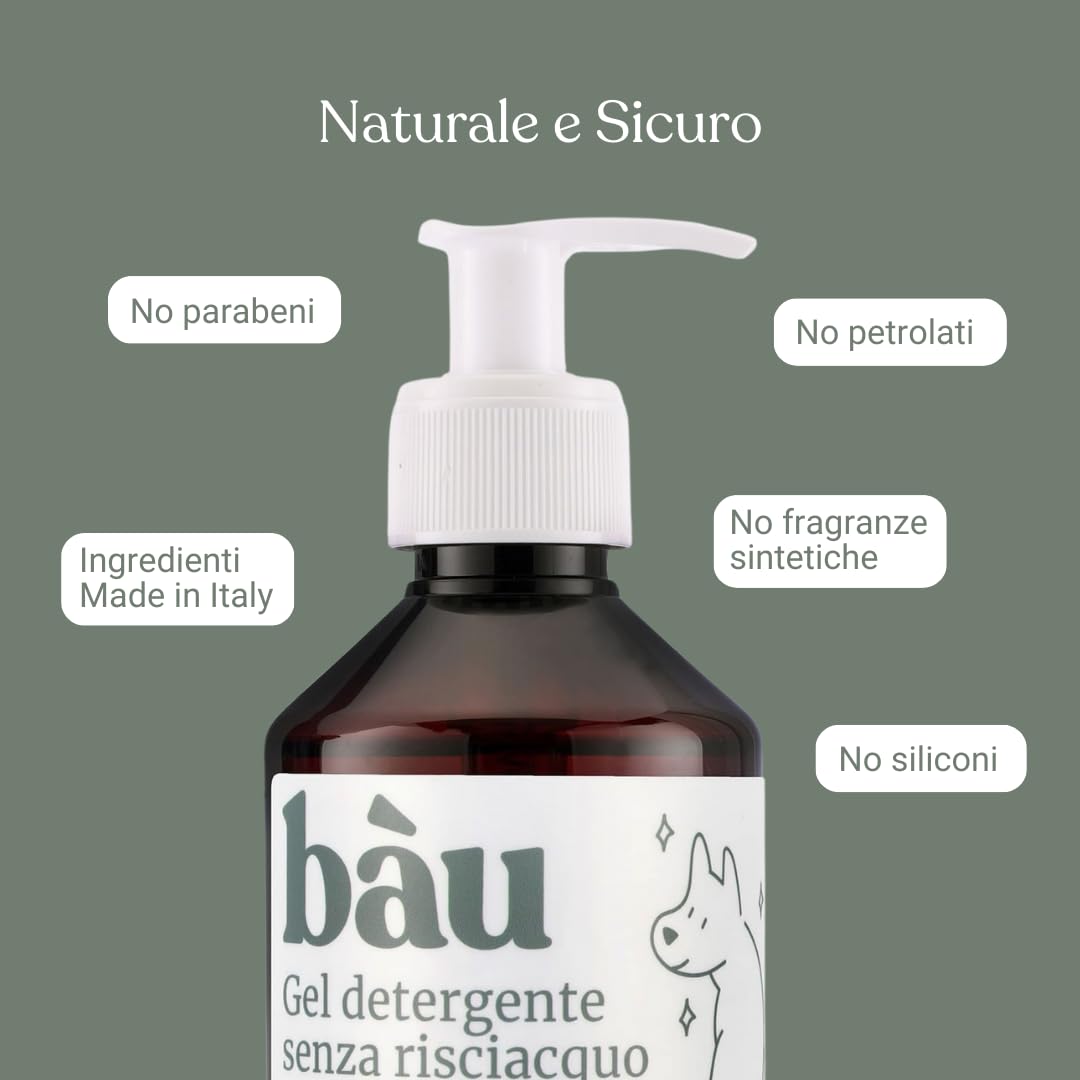 Bau Cosmesi Gel Detergente Senza Risciacquo, Shampoo Secco per Cani, Igienizzante e Idratante - Senza Parabeni e Siliconi, Naturale e Bio con Aloe Vera - Dermatologico, 250 ml