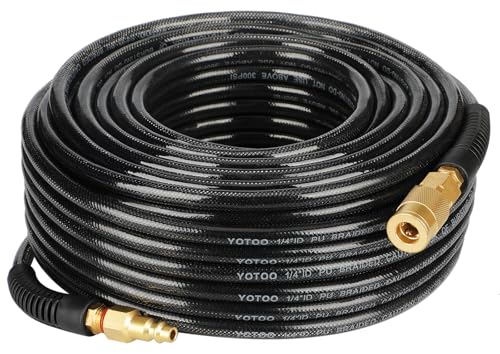YOTOO Reinforced Polyurethane Air Hose 1/4 Inner Diameter by 100 Long Flexible Heavy Duty Air Compressor Hose with Bend Restrictor 1/4 Swivel Industrial Quick Coupler and Plug Black