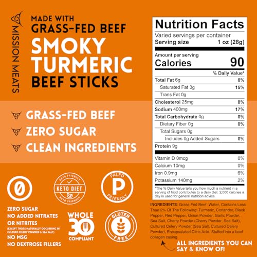 Mission Meats Beef Sticks, Grass Fed, Zero Sugar, Smoky Turmeric 1oz (12ct) — view 2