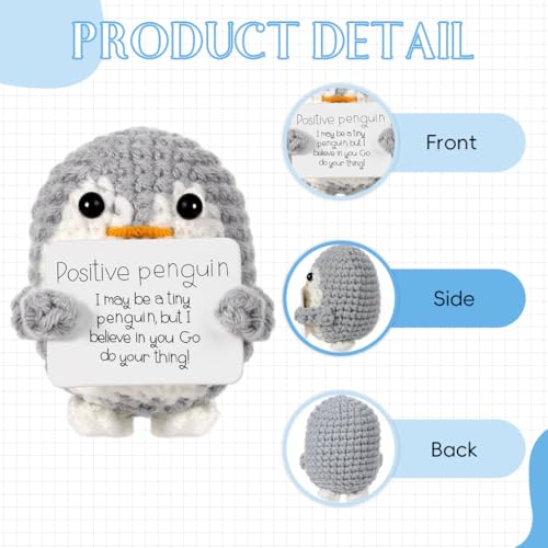Image of Zibuyu Handmade Crochet Penguin Desk Decor with Positive Message Card Cute Motivational Crochet Toys Gift for Office Home Baby Nursery, Gery