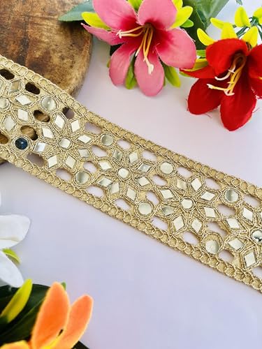 Galon de dentelle florale dorée à miroirs broderie indienne Zari pour customisation de robe - 6