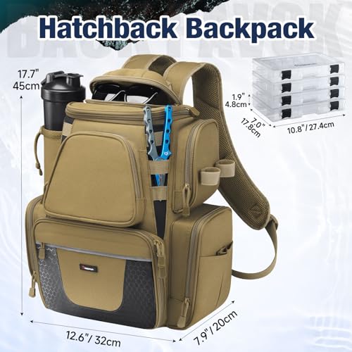 Image of Piscifun Fishing Tackle Backpack with 2 Rod Holders, 4 Boxes & Rain Cover | Multi-pocket storage, fits 3600 /3700 trays, bottle holder, padded straps for bank fishing