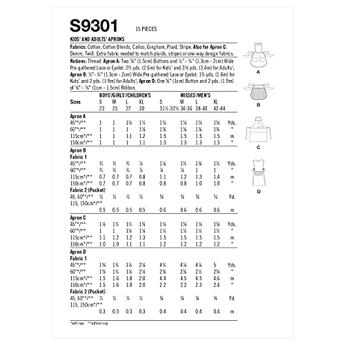 Simplicity Kids' and Adult's Half and Full Apron Packet, Code 9301 Sewing Pattern, Sizes S-XL, White