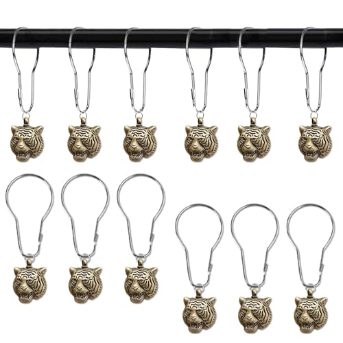 12 PCS Tiger Shower Curtain Hooks Animal Shower Curtain Hook Rust Proof Metal Stainless Steel Curtain Ring for Wild Beasts in The Forest Theme Home Bathroom Decor