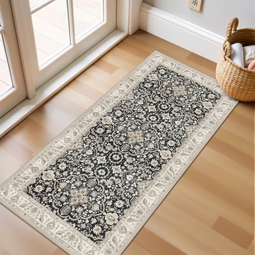 Small Washable Runner Rugs for Entryway: Kitchen Mats Vintage Throw Carpet 2x4 Black Beige - Non-Slip Stain and Water Resistant Soft Low-Pile Thin Rug for Hallway Bathroom Bedroom