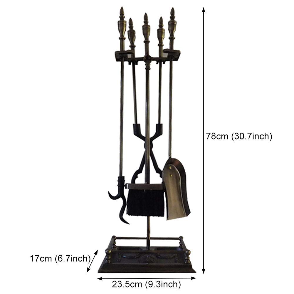 5-teiliges Kaminbesteck-Set mit goldenem Griff, großes Brennholz-Besteck-Set aus Schmiedeeisen für den Innen- und Außenbereich, inkl. Besen, Schaufel, Schürhaken, Zange, Feuerstellen-Zubehör