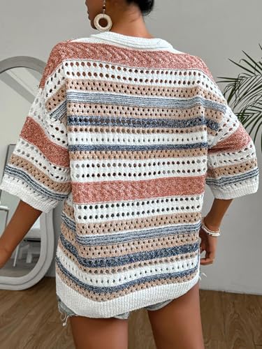 Image of Verdusa Women's Short Sleeve Drop Shoulder Striped Sweater Top Hollow Out V Neck Summer Shirt