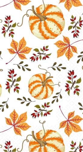 IHR Ideal Home Range Dinner Napkins Disposable 3-Ply Paper Hand Towels, 8.25" x 4.5", Scattered Pumpkins, 16-Count