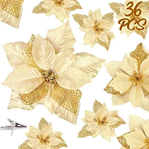 36PCS Christmas Tree Decorations Ornaments - Poinsettia Flowers Artificial Glitter Gold Xmas Ornaments with Clips(3 Sizes) Cover