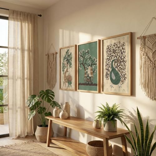 Image of Livin'luxe Set of 3 Folk Art Animal Wall Paintings for Living Room Bedroom Home Decor with Premium Wooden Color Synthetic Frame, Traditional Artwork (25.5 x 19.5 Inch) NM03-55