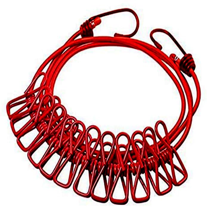 T4G Travel Clothesline Portable Retractable Adjustable Clothes Line Rope 12 Clothespins, 13 Anti-Skid Clips for Outdoor and Indoor (Red)