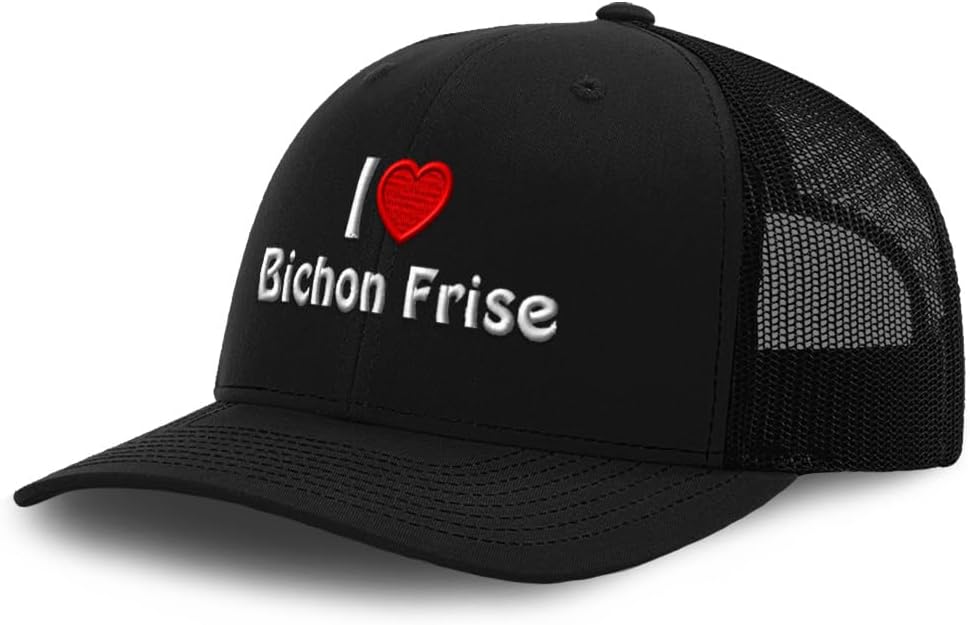 Custom Mesh Cap Hat Embroidered I (Love) Bichon Frise Dog Red Heart Pet Lovers Trucker Hats for Men & Women