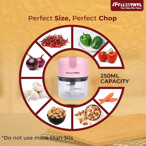 Image of Mr. TRU Smart Electric Mini Chopper for Kitchen | 1200 mAh Battery | Portable Food Processor for Onion, Tomato, Nuts & Vegetable | Multipurpose Cutter | 1 Year Warranty | 250ml (Pink)