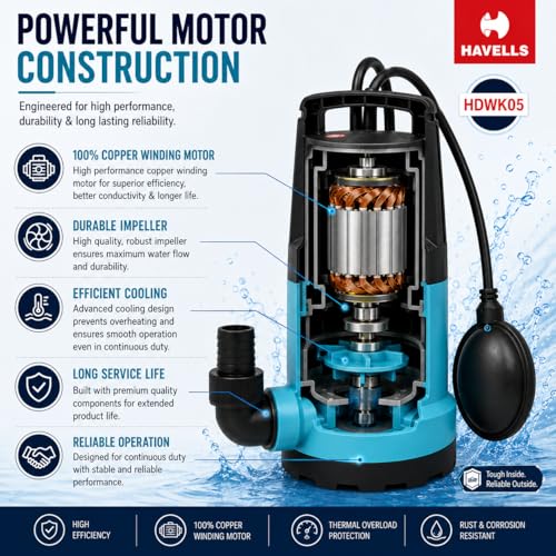 Image of Havells HDWK05 Submersible Dewatering Pump | 155 LPM High Discharge | 8.5M Max Head | Portable Water Drainage Pump | 32mm Outlet | Sumps, Tanks & Flooded Areas | 1 Year Warranty