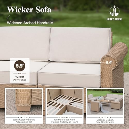 Image of HERA'S HOUSE 7 Piece Patio Furniture Set, Outdoor Sectional Wicker Sofa with Fire Pit Table, 5.5 inch Thick Waterproof Cushion All Weather 5 Seats Modular Conversation Set for Garden Deck Backyard