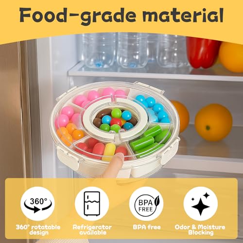 Kievano Snackbox mit Fächern – 360° Drehbarer Snackteller mit Deckel & Griff, Snack Organizer für Süßigkeiten, Obst, Nüsse & Gemüse – Tragbare Frischhaltedose für Kinder, Erwachsene, Party & Picknick